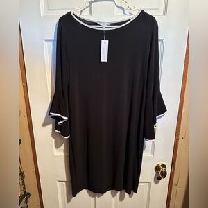 Annalee + Hope Black Shift Dress with Trumpet Sleeve and White Trim